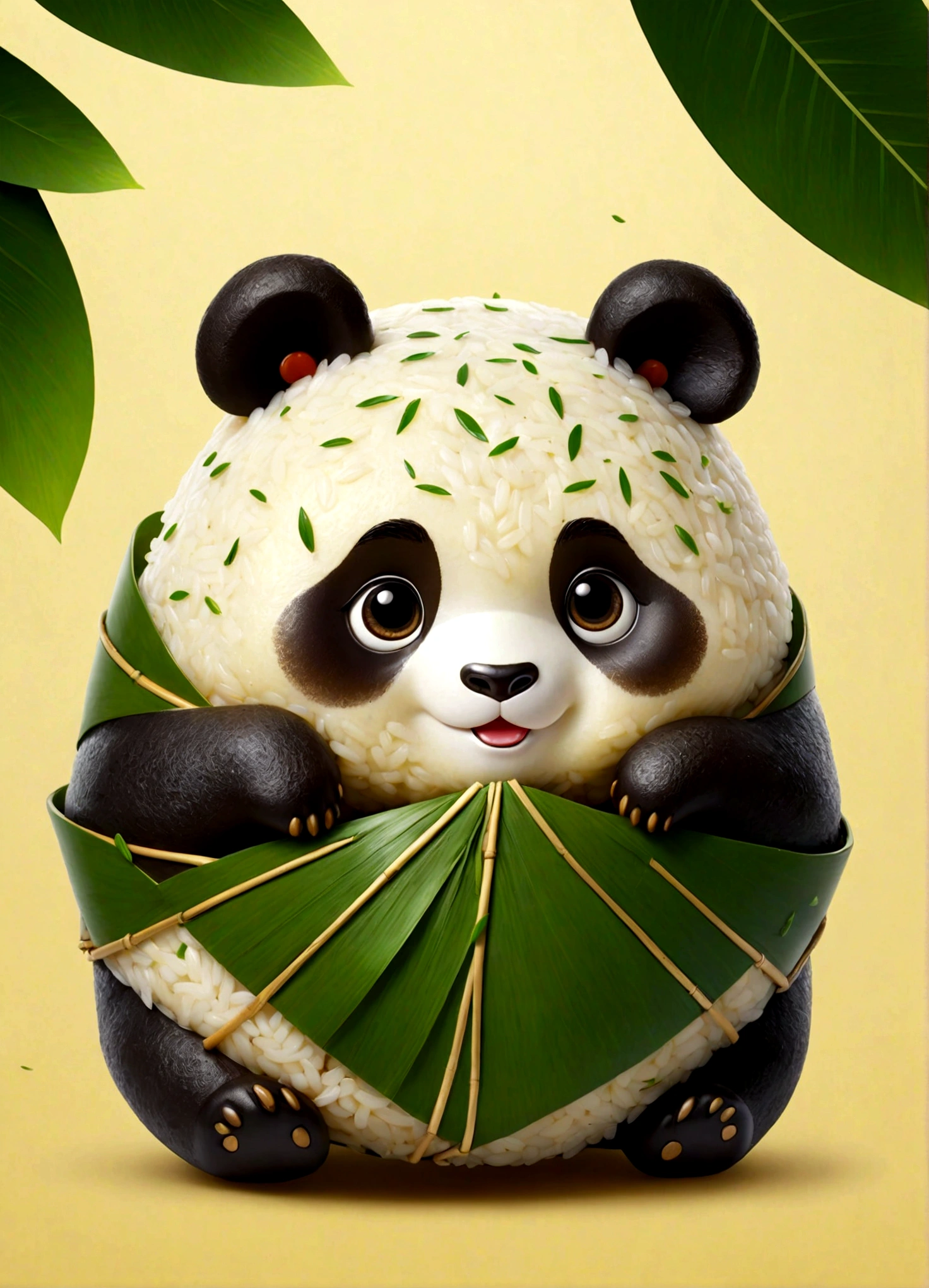 Panda-shaped Zongzi, Glutinous rice texture, Particles are distinct, rice dumpling, cute expression, playful charm, traditional glutinous rice leaves, big round eyes, golden hue, green rice leaves, cartoonish design, exaggerated features, traditional craftsmanship, playful design, pandas, Chinese culture, adorable, charming, vibrant, delightful