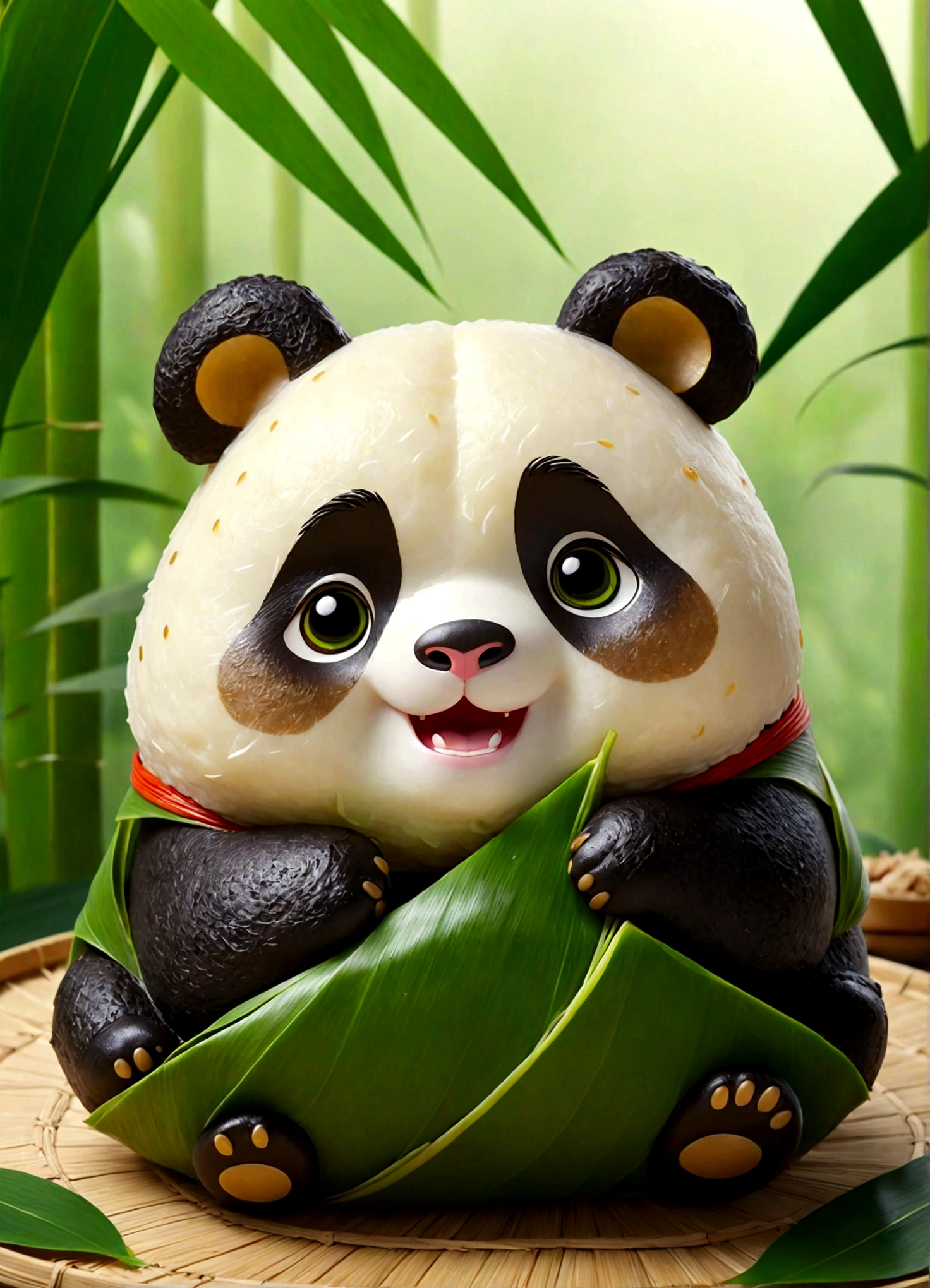 made of gummi, cute panda, bamboo forest, sitting, front view, close view, good face, best quality  <lora:GummiRay:1> GummiRay