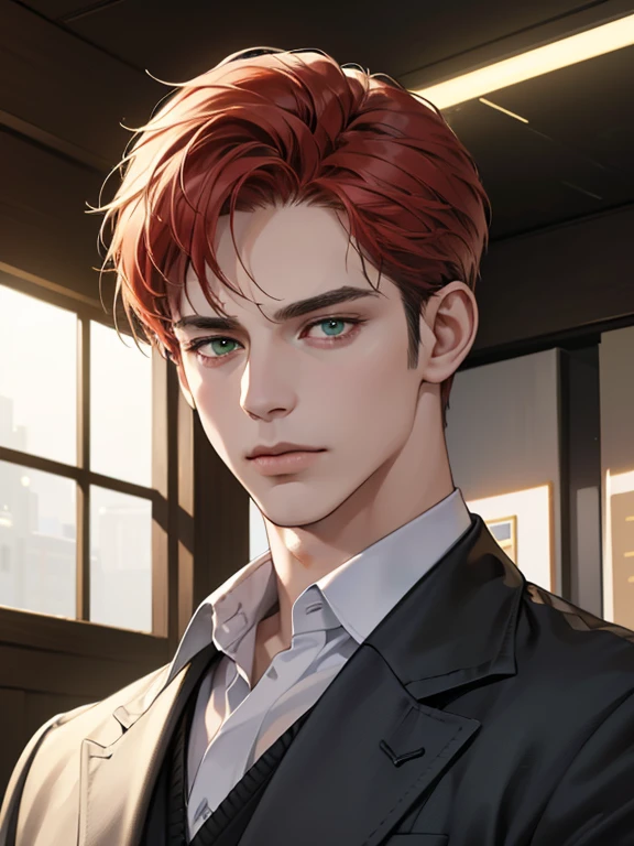 (best quality, masterpiece, 8K, photorealistic, cinematic lighting, hdr image, ultra detailed, beautiful image), 1 man, 31 years old, mature man, very handsome, (without expression, serious), short red hair, green eyes ( penetrating gaze), imposing posture, businessman, office background