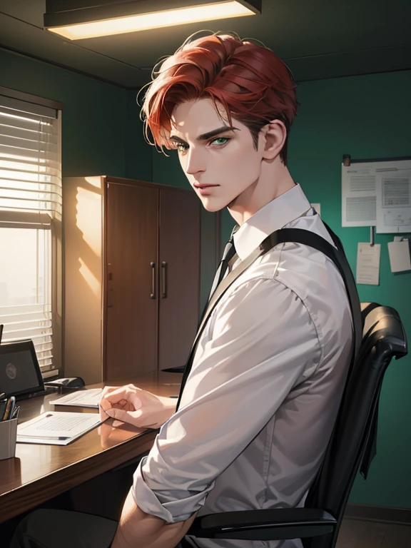 (best quality, masterpiece, 8K, photorealistic, cinematic lighting, hdr image, ultra detailed, beautiful image), 1 man, 31 years old, mature man, very handsome, (without expression, serious), short red hair, green eyes ( penetrating gaze), imposing posture, businessman, office background