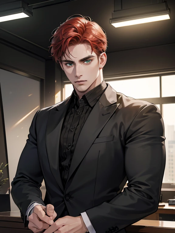(best quality, masterpiece, 8K, photorealistic, cinematic lighting, hdr image, ultra detailed, beautiful image), 1 man, 31 years old, mature man, very handsome, (without expression, serious), short red hair, green eyes ( penetrating gaze), imposing posture, businessman, office background