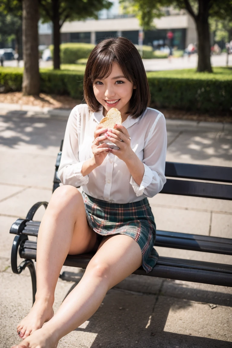 highest quality, Flying debris, Realistic, High resolution, 8k　RAW Photos,alone, One Girl, 30 years old、Eating bread、smile、blouse、skirt、barefoot、On a park bench