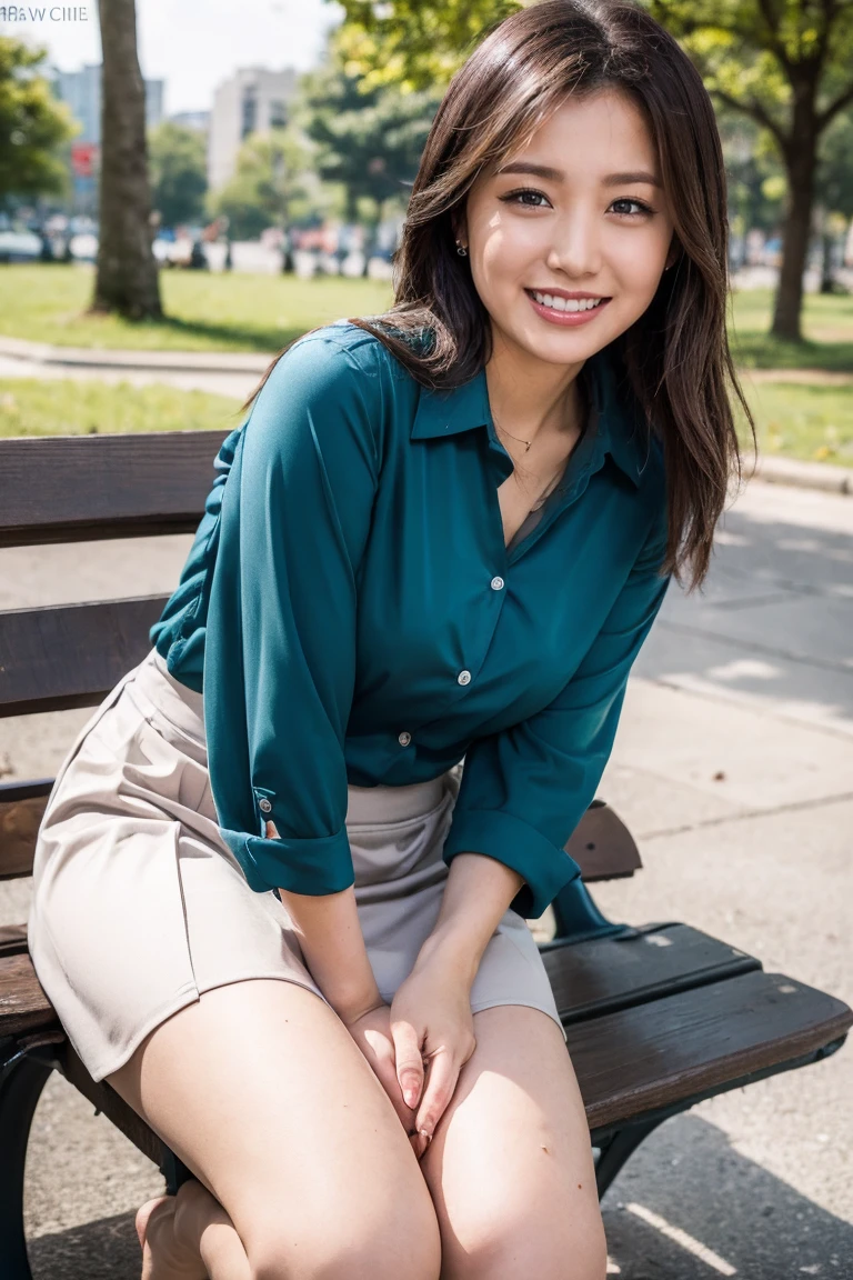 highest quality, Flying debris, Realistic, High resolution, 8k RAW Photos,alone, One Girl, 30 years old、Eating bread、smile、blouse、skirt、barefoot、On a park bench