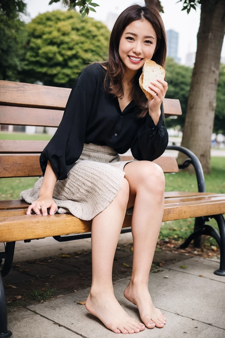 highest quality, Flying debris, Realistic, High resolution, 8k RAW Photos,alone, One Girl, 30 years old、Eating bread、smile、blouse、skirt、barefoot、On a park bench