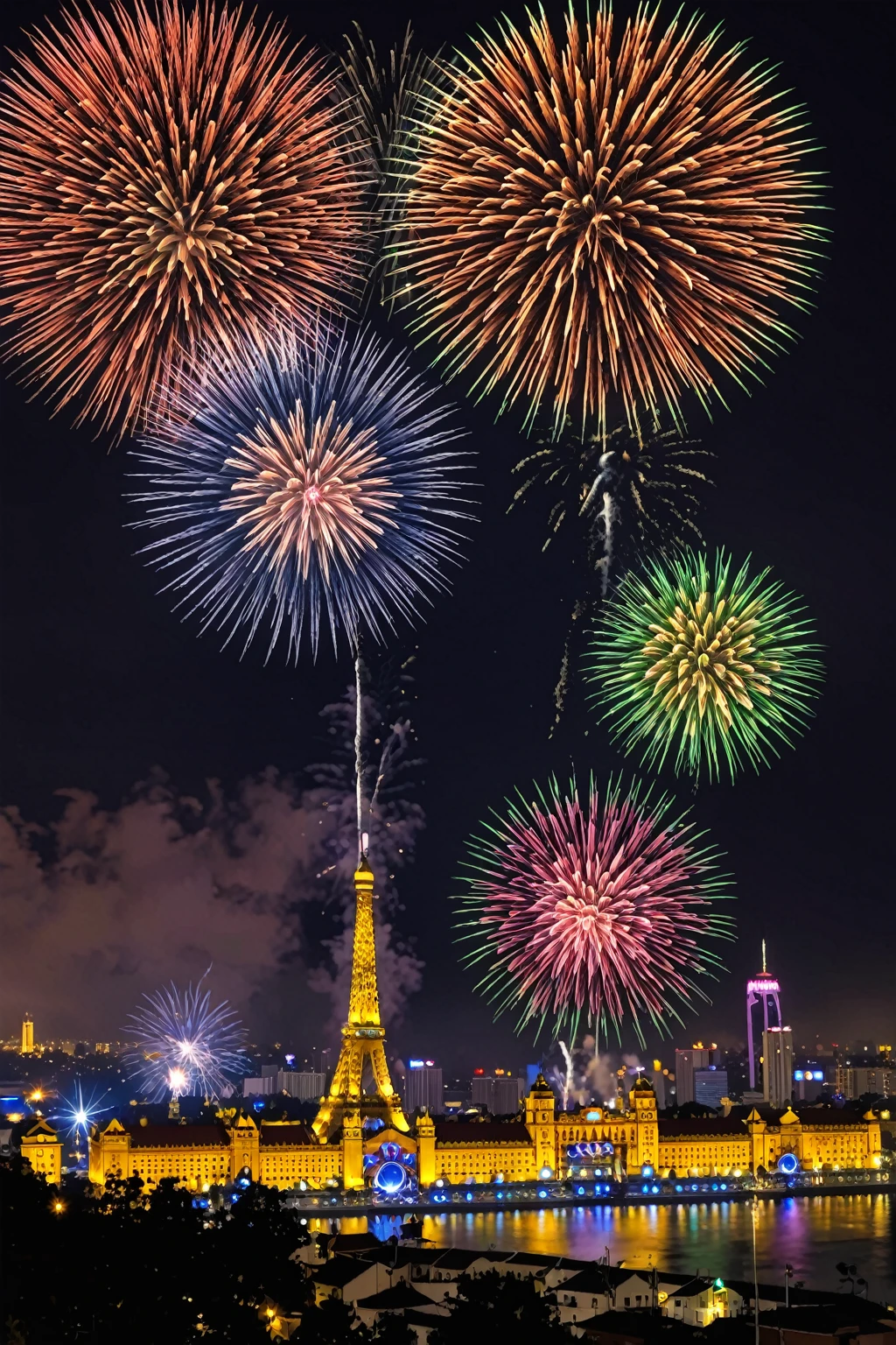 Cityscape during new year celebration with fireworks