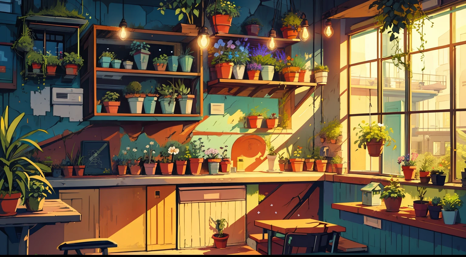 Draw an anime simple art scene of bright blue multi storey ut covered with moss and plants, green doors and windows, balconies, cracks in walls, flowers in pots, postbox outside, single light bulb hanging, cloudy sky, no human, vibrant color tones,