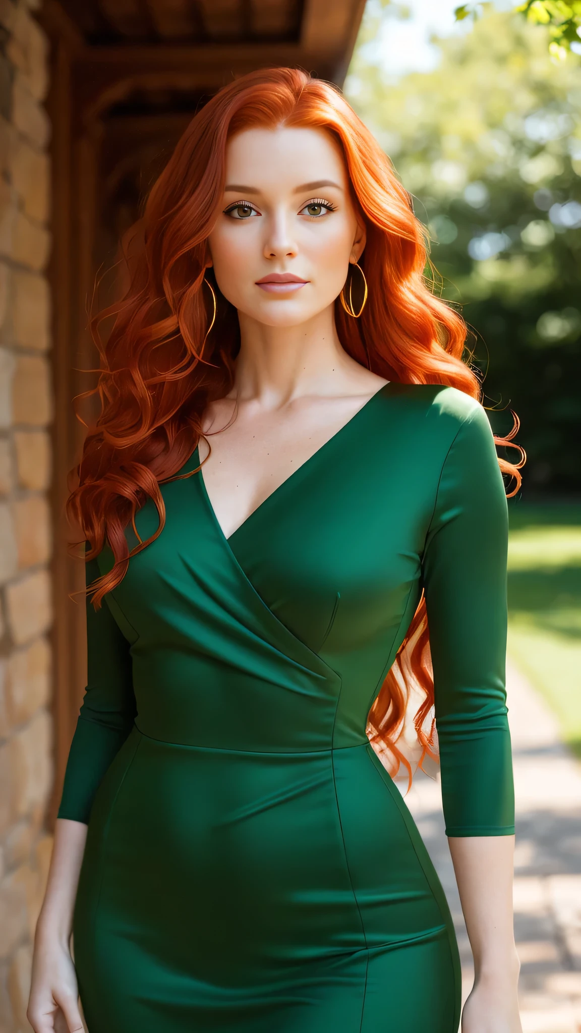 HD, (Best Detail), (Best Quality), Redhead Woman, Mature and Gorgeous, Posing for Photo, (Long Red Hair), Green Dress, Natural Light and Shadow,
Detail of Red Hair:1.3, Casually styled waves, A calm and confident expression adorns her face, Natural Skin, (Fair Skin Tone), ((Detailed Face:1.2)), (((High Definition Facial Features)), Green Dress:1.3, Elegant, Fitted, Showcasing her elegant figure, Natural Light:1.3, Soft, Dappled, Creating depth and dimension, Shadows:1.3, Dramatic, Adding