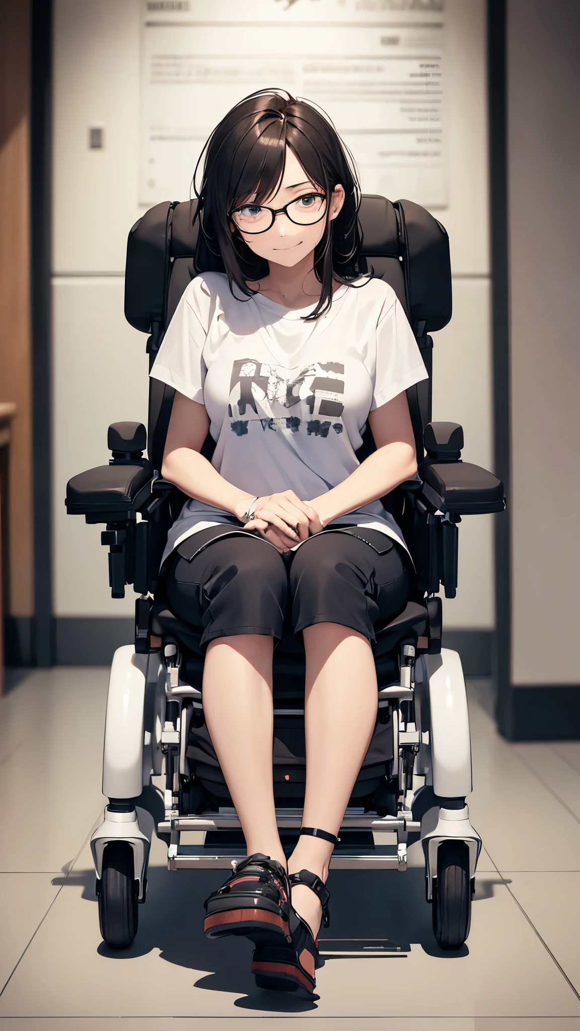 (Very detailed, Realistic), Hospital scene, [Moderate:Oil], [Professional:1.1], [Physically Based Rendering], [Bright colors], [Sharp focus], [Studio Lighting], [Extreme Detail], [highest quality,4K,8k,High resolution,masterpiece:1.2],(whole body),Inside the house,Inside the room,18-year-old girl,((Ride an electric wheelchair1.8)),((Operate a power wheelchair1.8)) covering one eye,Ragged short black hair,messy hair)),((she’s wearing glasses)),((despressed,despair,anxiety)),(Subservient laughter),((grin)),((bad mood)),((bad mood)),[Nervous eyes],(Casual women&#39;s fashion,dress,knee pads,Army Boots,),((Ride an electric wheelchair1.8)),((Operate a power wheelchair1.8))