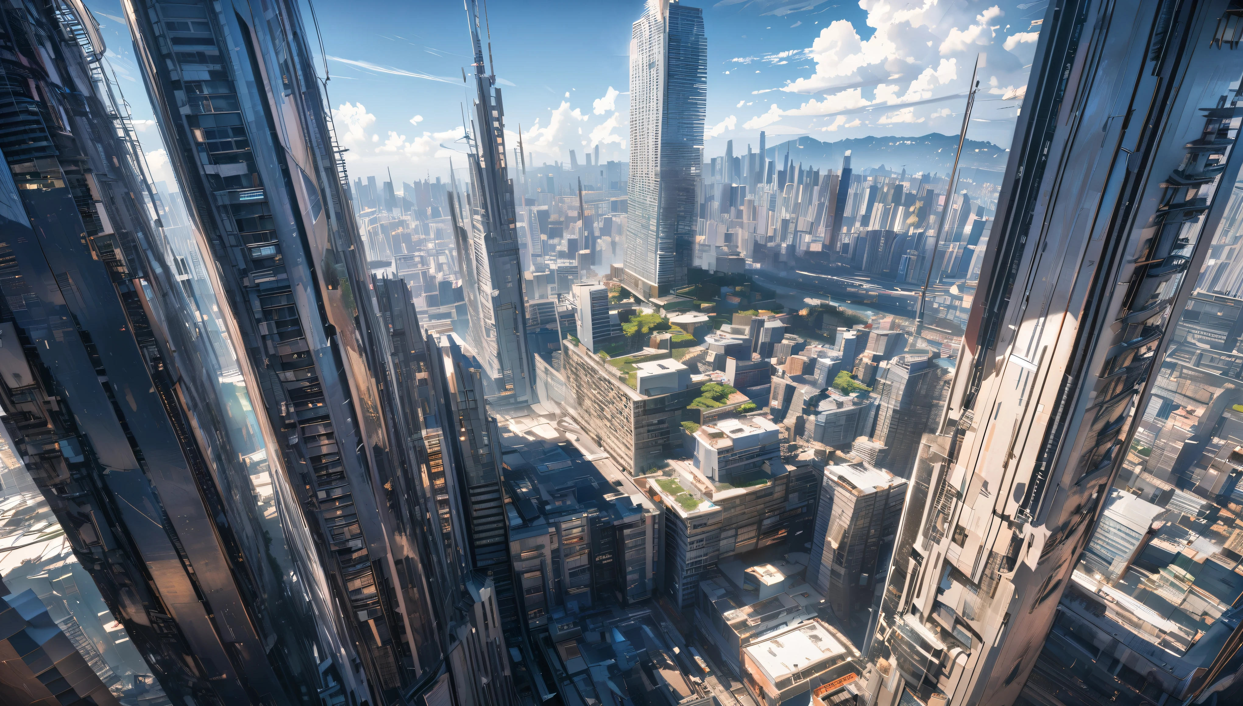 ultra detailed, 8k, city, skyscrapers, seeing from sky, natural, noon, bright, masterpiece
