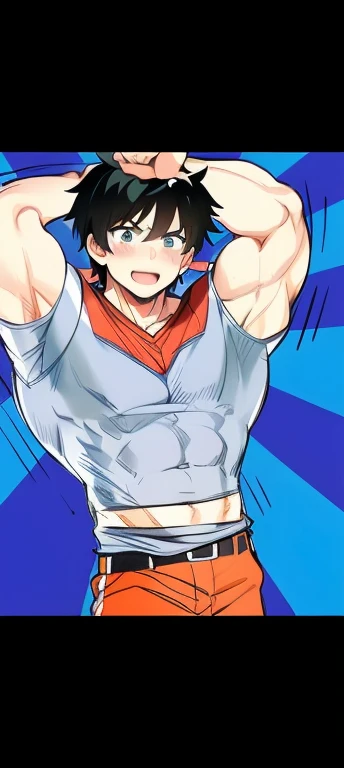 A man wearing a shirt、Close-up of man wearing belt, muscular!!, muscular!, muscular!!!, Tall anime man with blue eyes, super awesome and cool, muscular! White, nobutaka ike, Showing off his muscles, Broad shoulders, posture(raise arms + Happy), my hero academia style, handsome anime posture, puffy breasts, most strongest posture