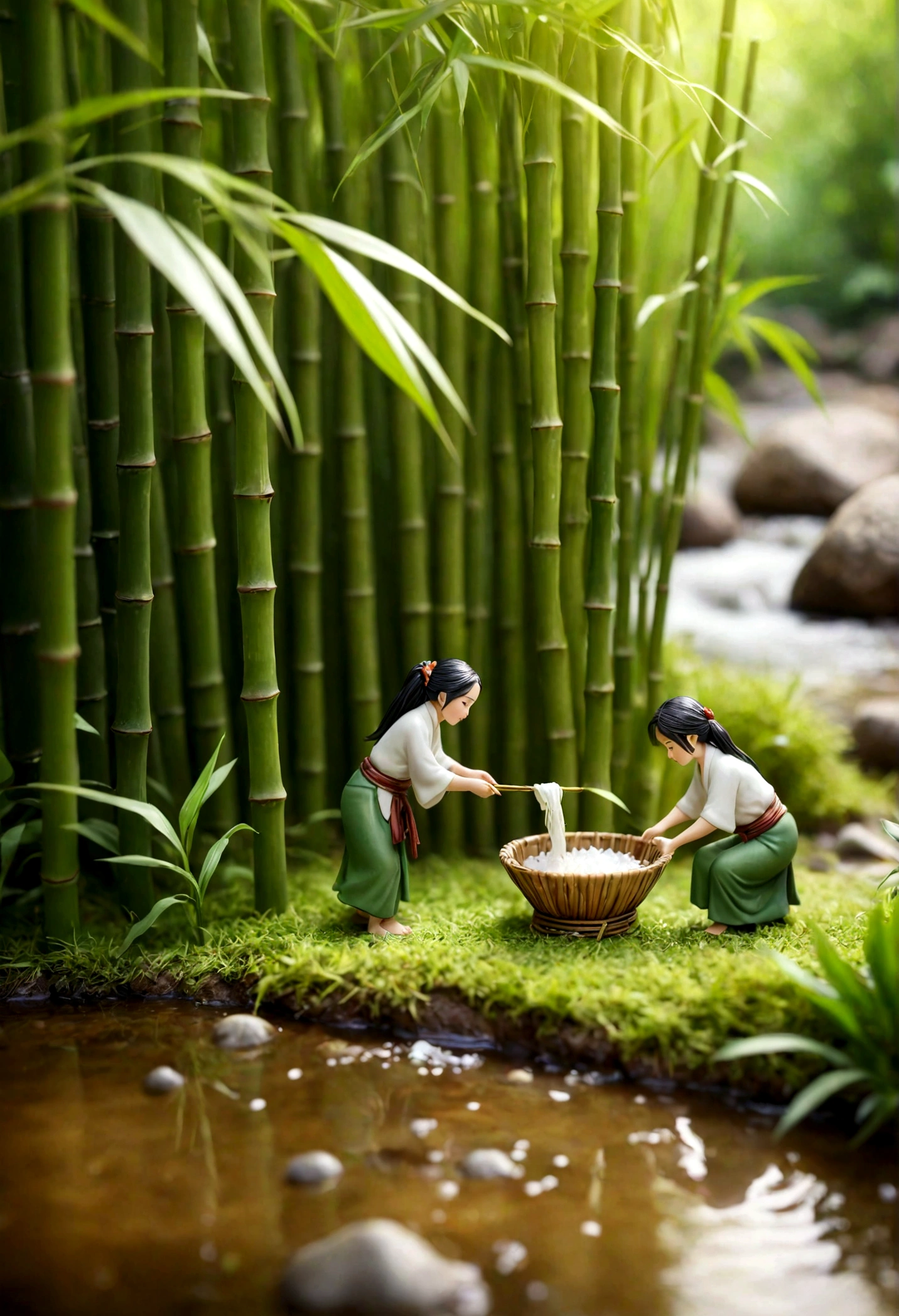 A miniature scene,A surreal miniature world created by glutinous rice dumplings and bamboo leaves,Large aperture lens,Tilt-Shift Photography,Woman washing sticky rice by the stream,Man picking bamboo leaves,Soft natural light,Fine texture,color,Tranquil atmosphere,Handcraft details。