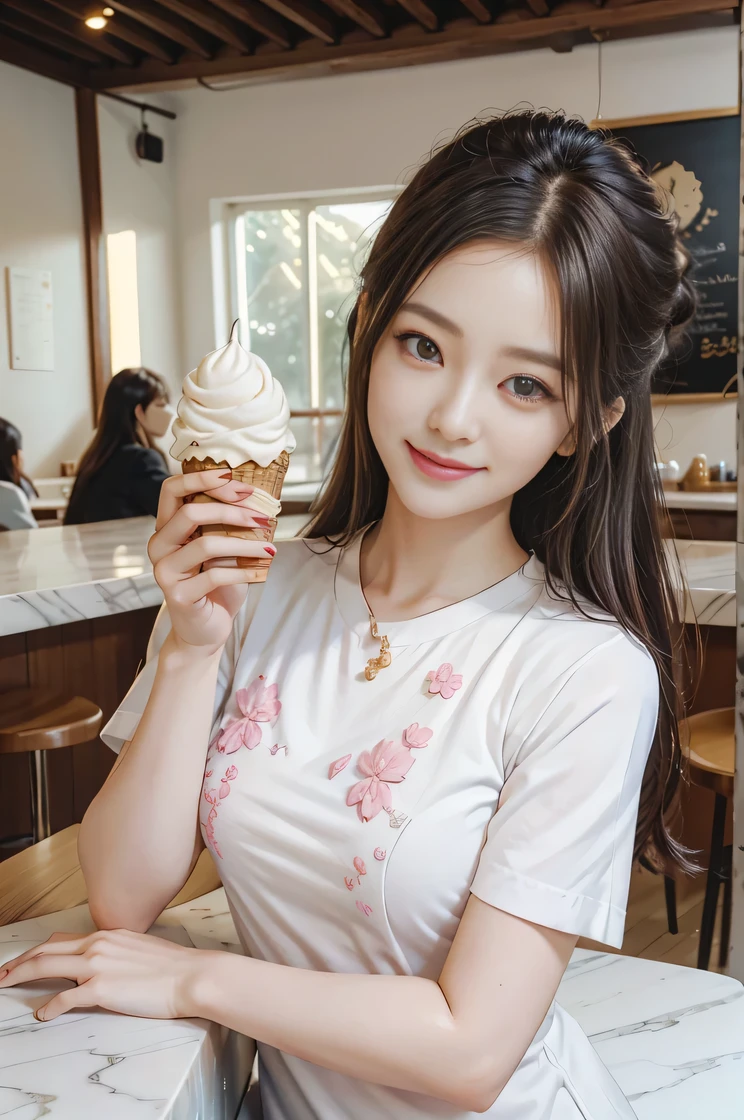 1Girl clerk、Tabletop、High resolution、Ice Cream Shop of the Future、Ice cream shop clerk、30-year-old woman、Looking into the camera、smile、Finish as shown in the picture、Soft-serve ice cream and beauty、Her skin is white and beautiful、Colored inside、Hair should be tied back、