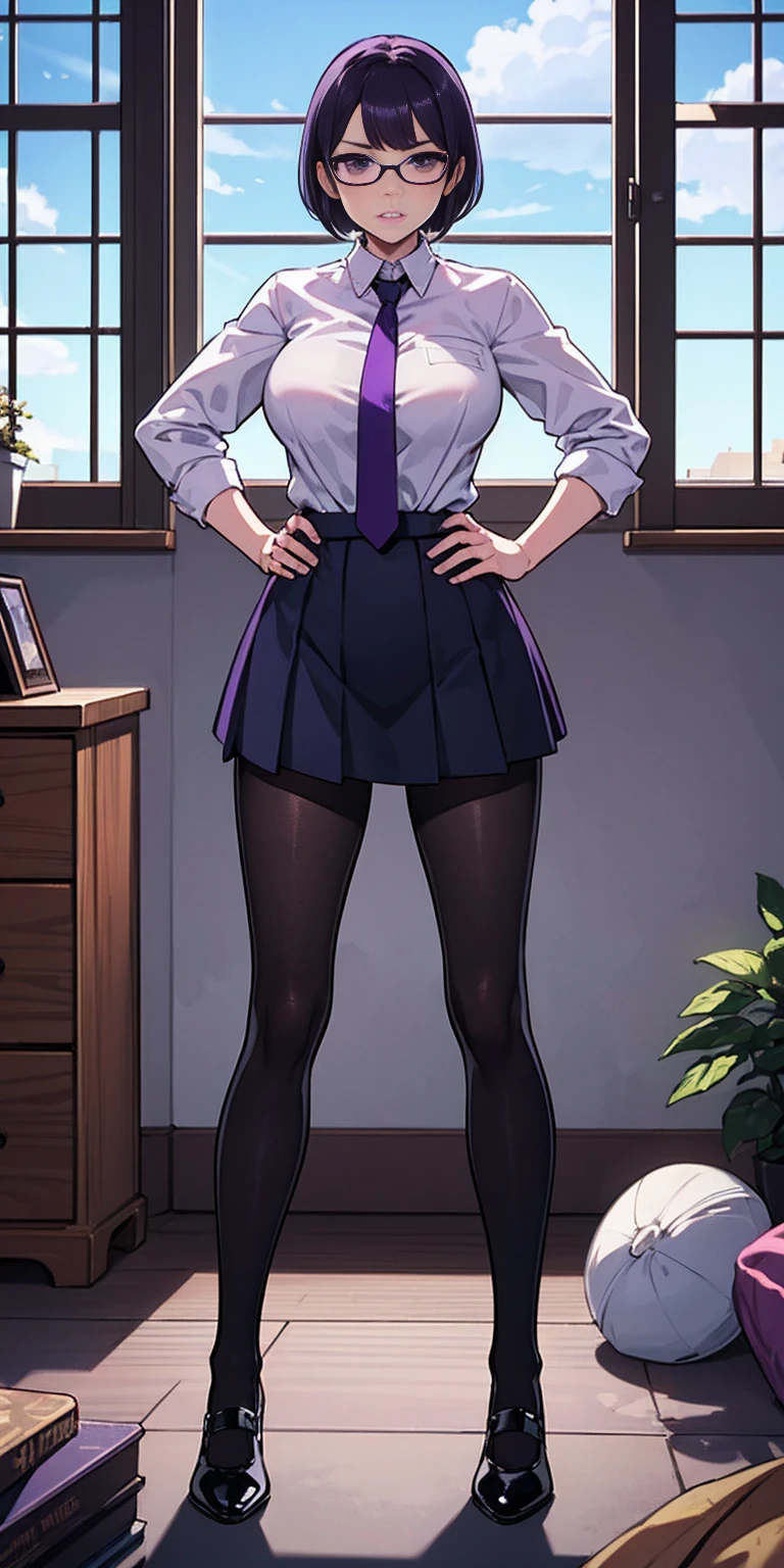 (high quality:1.1), cinemating lighting, extremely detailed,
Natsume, standing, hands on hips,
determined, clenched teeth,
purple hair, black hair, short hair, lips, purple eyes, glasses,
uniform, necktie, white shirt, skirt, pantyhose, shoes,
large breasts, thighs,
messy room, window, sky,