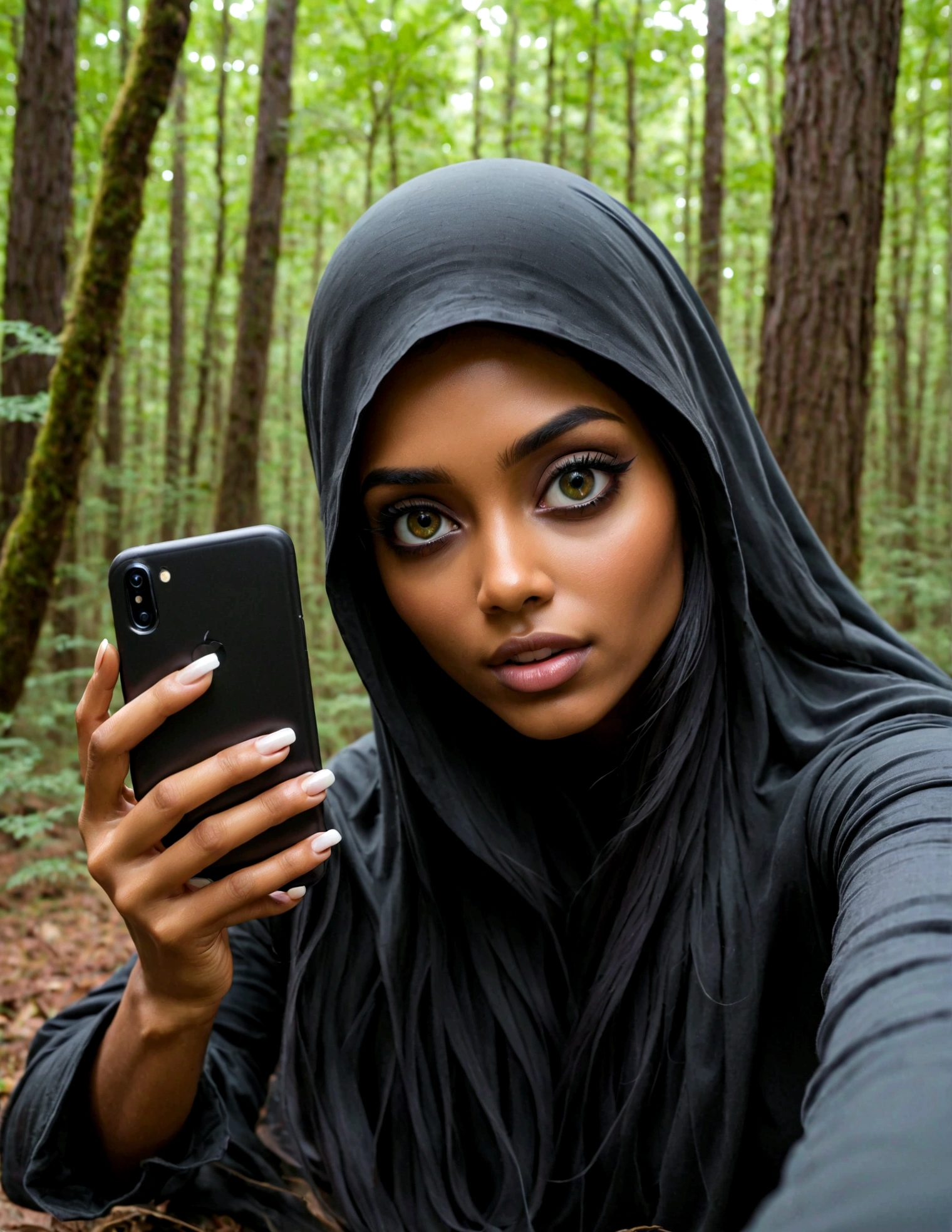 a photorealistic picture of a , isolated, dark, hollowed out soul taking a selfie. a lifeless, ghostly, tragic, sunken eyed creature that resembles a dark shell of a human female but has dead eyes, a pathetic face like the living dead mindlessly taking a selfie with her boyfriend in nature with a cell phone trying to look cute, and attractive,xill