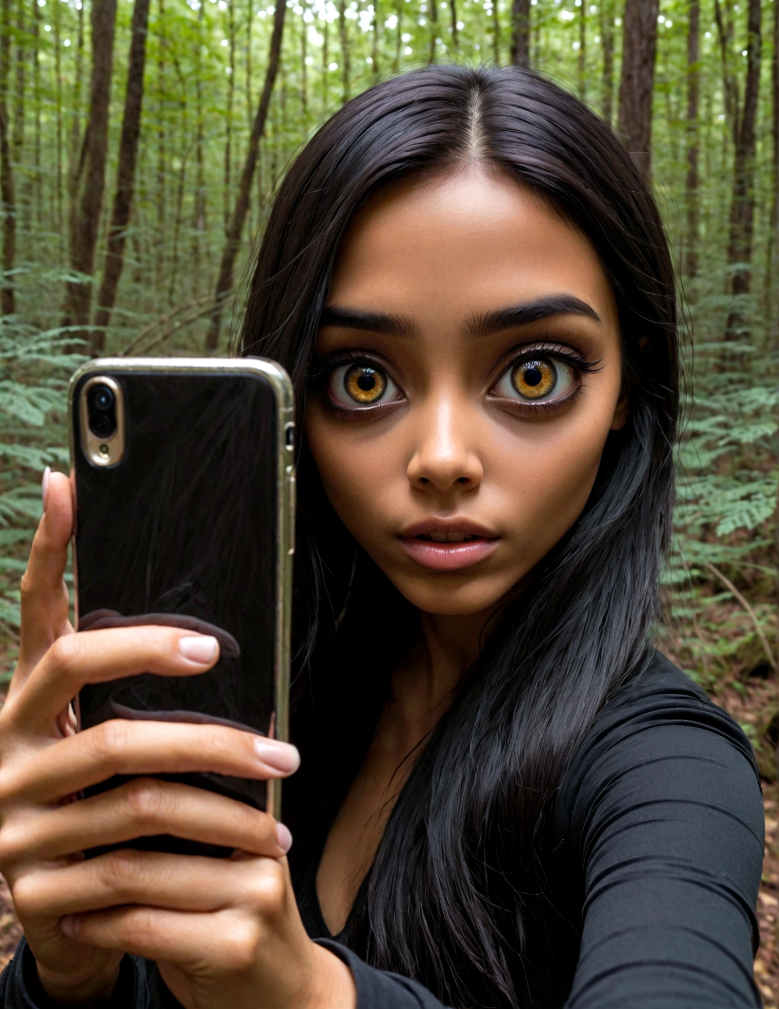 a photorealistic picture of a , isolated, dark, hollowed out soul taking a selfie. a lifeless, ghostly, tragic, sunken eyed creature that resembles a dark shell of a human female but has dead eyes, a pathetic face like the living dead mindlessly taking a selfie with her boyfriend in nature with a cell phone trying to look cute, and attractive,xill