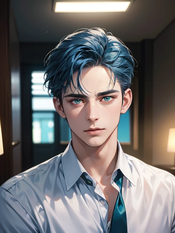(best quality, masterpiece, 8K, photorealistic, cinematic lighting, hdr image, ultra detailed, beautiful image), 1 man, 31 years old, mature man, very handsome, (without expression, serious), short blue hair, green eyes ( penetrating gaze), imposing posture, businessman, office background