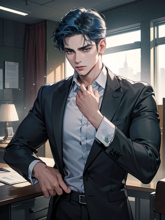 (best quality, masterpiece, 8K, photorealistic, cinematic lighting, hdr image, ultra detailed, beautiful image), 1 man, 31 years old, mature man, very handsome, (without expression, serious), short blue hair, green eyes ( penetrating gaze), imposing posture, businessman, office background