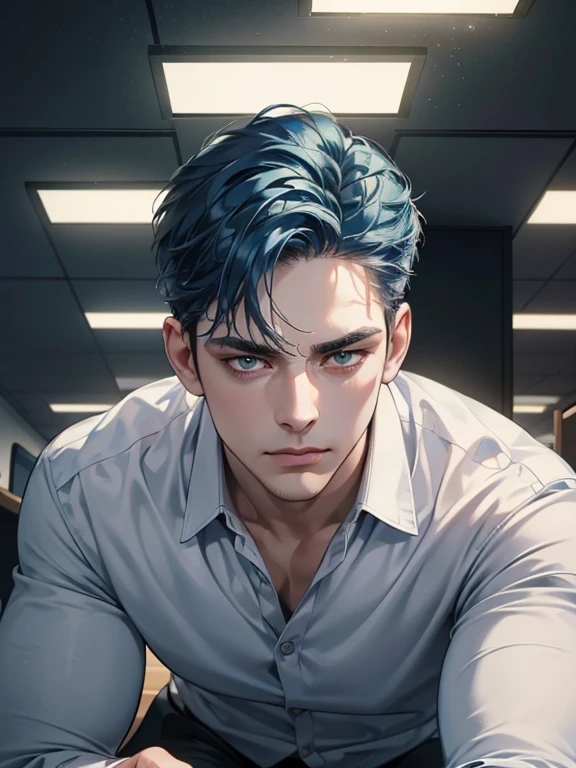 (best quality, masterpiece, 8K, photorealistic, cinematic lighting, hdr image, ultra detailed, beautiful image), 1 man, 31 years old, mature man, very handsome, (without expression, serious), short blue hair, green eyes ( penetrating gaze), imposing posture, businessman, office background