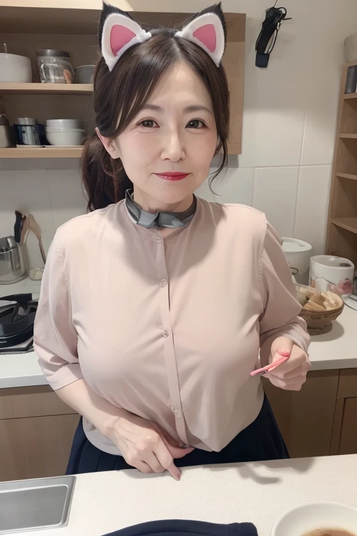 8k, 55 year old mature Japanese woman, Beautiful wife, Sensual, Long eyelashes, Chubby body type, open chest shirt, mini skirt, whole body, ((Cat ear)), Low Ponytail, collar, Red lipstick, Charismatic, Sexy pose