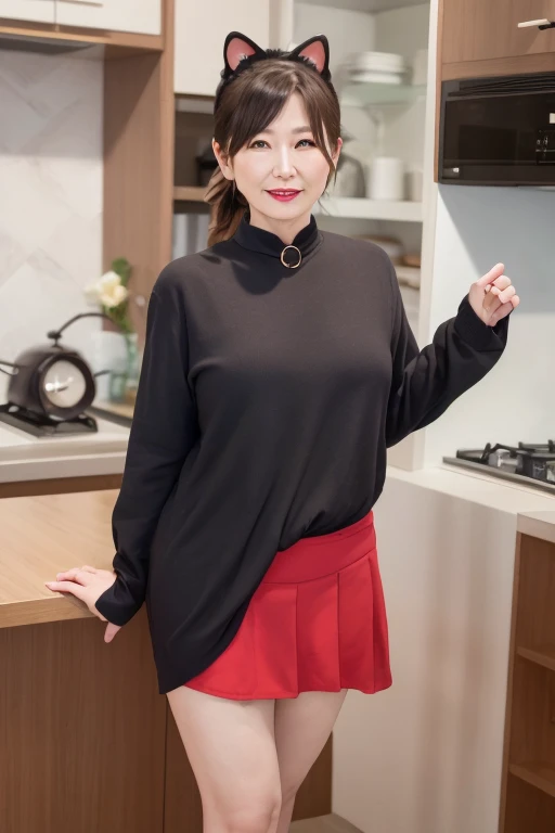 8k, 55 year old mature Japanese woman, Beautiful wife, Sensual, Long eyelashes, Chubby body type, open chest shirt, mini skirt, whole body, ((Cat ear)), Low Ponytail, collar, Red lipstick, Charismatic, Sexy pose
