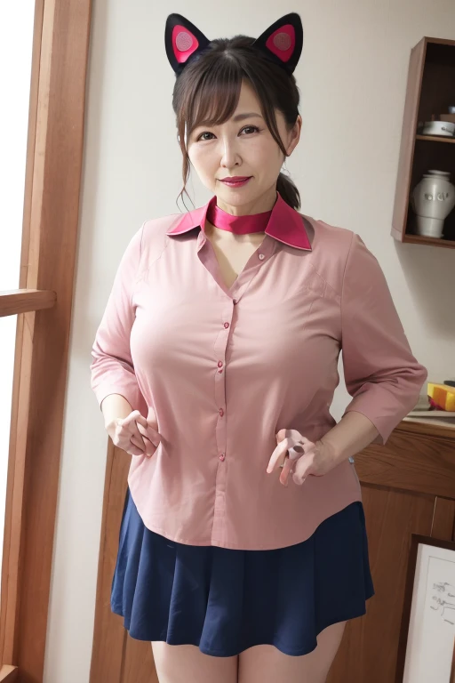 8k, 55 year old mature Japanese woman, Beautiful wife, Sensual, Long eyelashes, Chubby body type, open chest shirt, mini skirt, whole body, ((Cat ear)), Low Ponytail, collar, Red lipstick, Charismatic, Sexy pose