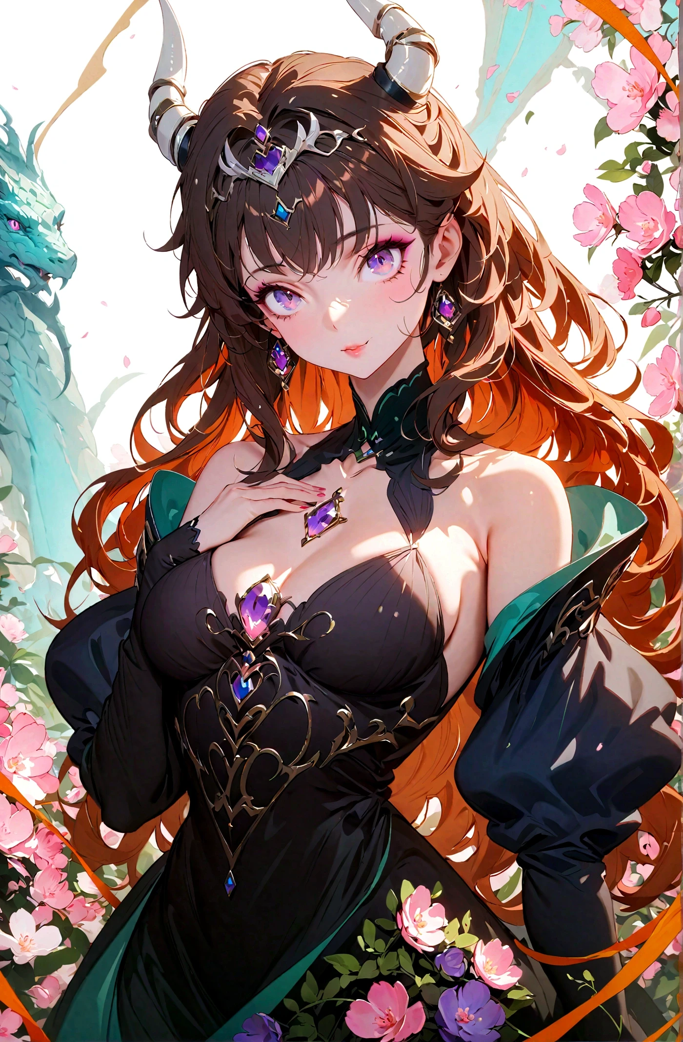 best quality,masterpiece,ultra high res,intricate detail,8K,sharp focus,((no text)),(extremely detailed CG unity 8k wallpaper),Center, 1 Girl, Kawaii Dragon Knight, Red hair, Violet Eye, Long wavy hair,Vivid colors, epic work, Epic Proportions, HD perfect face, exquisite makeup,close up