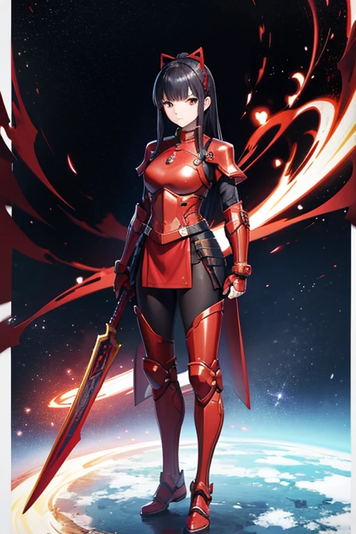 Anime drawings、Full body portrait、Red armored warrior from space science fiction、A female samurai wearing red armor, standing upright, about 165cm tall, about 23 years old、Bullish expression、Hairstyle is semi-long straight、Black Hair、Arm guard、Leggers、Red ribbon on head