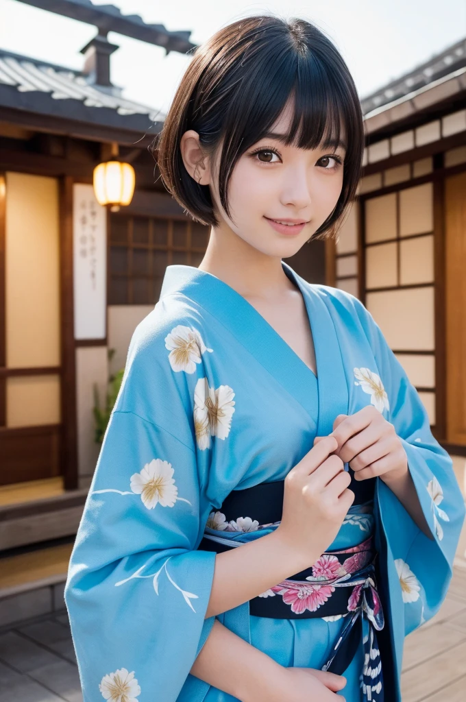 (High resolution:1.3), (16k, Photorealistic, Raw photo, Best image quality: 1.4), Japanese, (One Girl), Beautiful Face, (A vivid face), (Black-haired、short hair:1.3、bangs:1.2), Beautiful Hairstyles, Realistic eyes, Beautifully detailed eyes, (Realistic Skin), Beautiful skins, attractive, 超A high resolution, Surreal, High detail, Golden Ratio, Highly detailed cute girl,(20-year-old), Having a good time at a Japanese hot spring inn, Everyone is wearing a yukata, Instagram