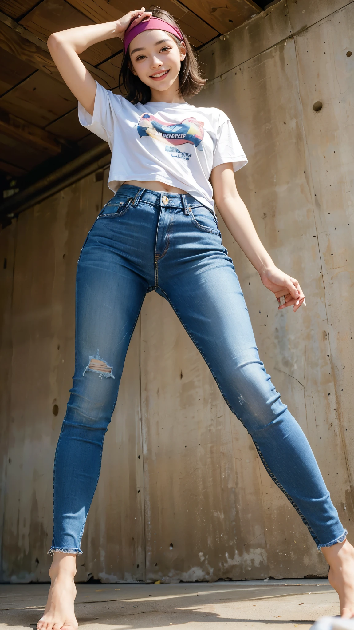 highest quality, masterpiece, Ultra-high resolution,16k,(((Face Focus))) (Realistic:1.6),((Portrait of a smiling person with their mouth wide open)) ,((Beautiful feet,Beautiful buttocks)), ((Slender body)),RAW Photos, 1 girl, 22 years old,((Tight jeans and a T-shirt)),((Short hair with a headband)),,((From below:1.4)),((Smiling with teeth showing)),