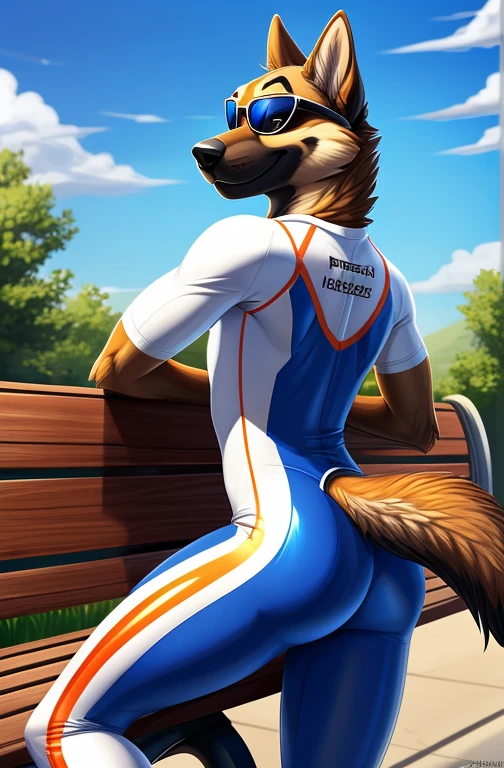 solo, male, tan and brown fur, canine (german shepherd), twink body, wearing a (white and silver shiny spandex bodysuit cycling suit lycra, spandex one-piece spandex lycra bodysuit), wearing a (orange chrome sunglasses), at a public park, lay on a bench, showing back, (focus on butt), presenting butt to the viewer, look back to the viewer, ass tails, otter long tail, lustful smile expression, full body shot, sexy pin-up posing, by zackarry911, by zaush, detailed eye, detailed face