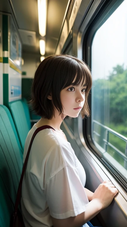 studio ghibli style,Shinkai Makoto style,1girl in,Sitting on the train,animesque,a scene from a movie,View from the side,The face is looking here,