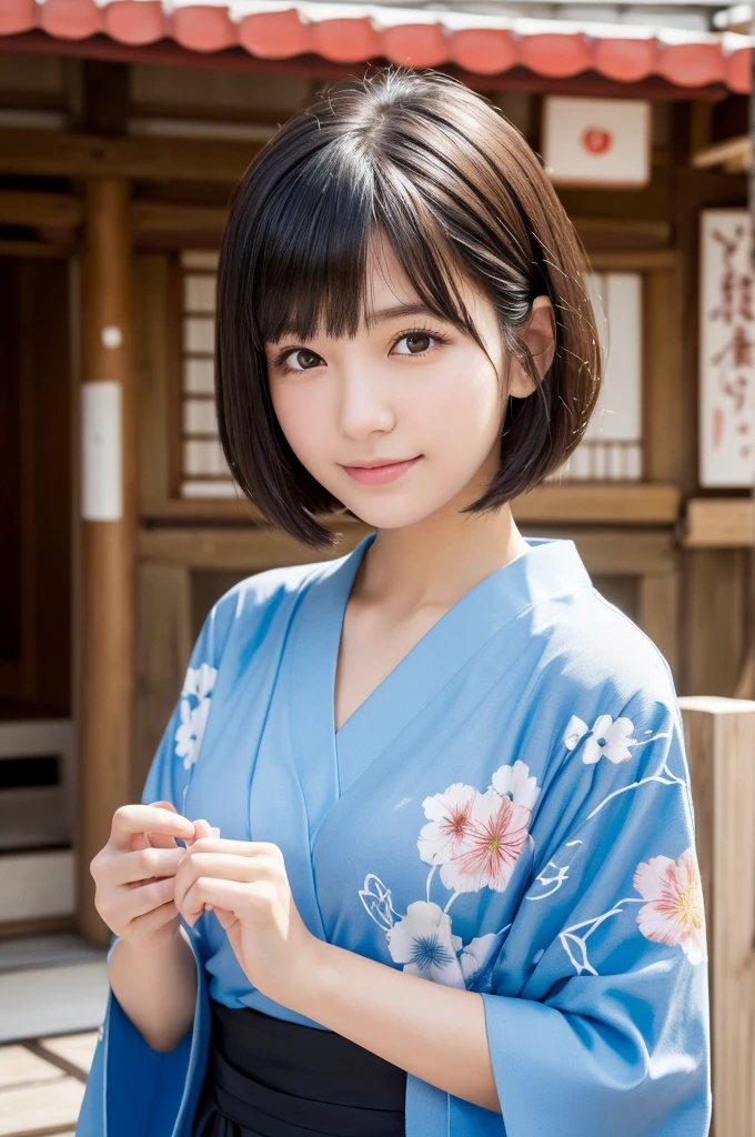 (High resolution:1.3), (16k, Photorealistic, Raw photo, Best image quality: 1.4), Japanese, (One Girl), Beautiful Face, (A vivid face), (Black-haired、short hair:1.3、bangs:1.2), Beautiful Hairstyles, Realistic eyes, Beautifully detailed eyes, (Realistic Skin), Beautiful skins, attractive, 超A high resolution, Surreal, High detail, Golden Ratio, Highly detailed cute girl,(20-year-old),  Having a good time at a Japanese hot spring inn, Everyone is wearing a yukata