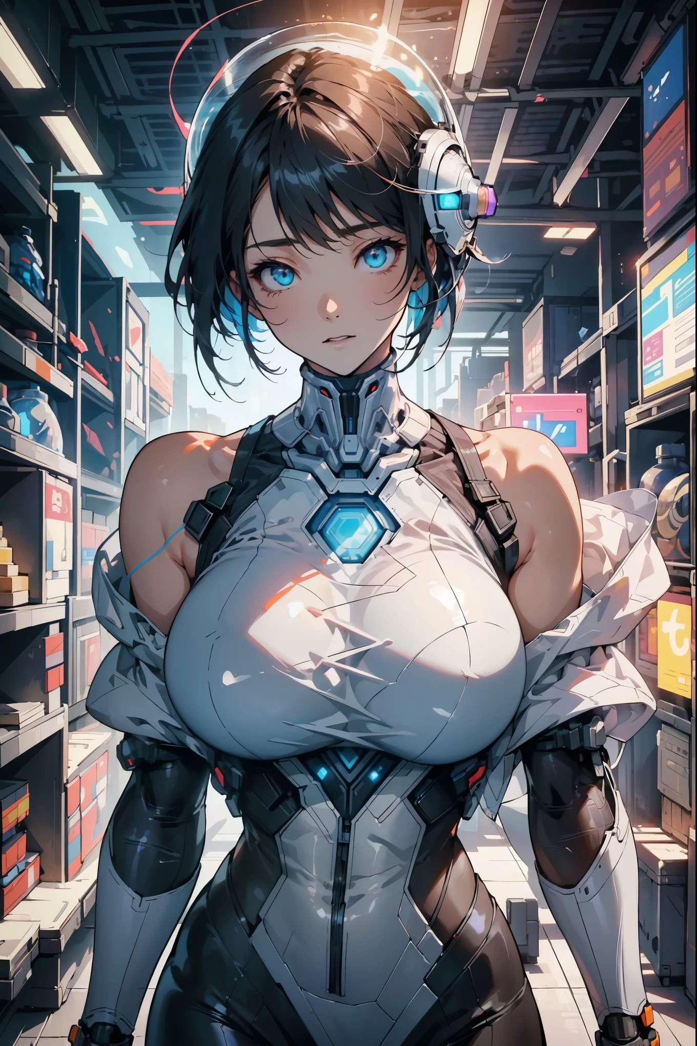 Translucent ethereal mechanical astronaut,Futuristic girl,Mechanical joints,futuristic space helmet,Future city background,Model shooting style, (Extremely detailed CG unity 8k wallpaper), The beauty of abstract style,,Surrealism, 8K, Super Detail, best quality, Awards, Anatomically correct, 16K, Super Detail,huge , Crazy breast swelling, Chest larger than shoulder blades, Big breasts and thin waist,(huge breasts:1.2),Hydrated skin((rogue))((非常huge乳房)),((Grooves reveal original skin))