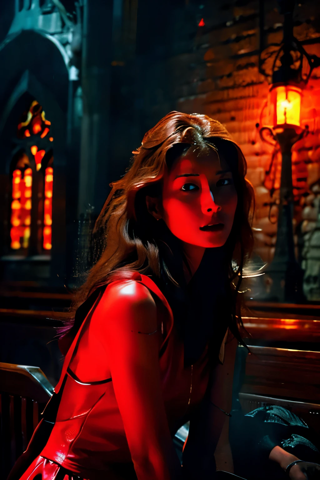 "Lilith in a fiery red light, In the dimly lit church、Surrounded by crackling lightning and swirling mist, Exudes an aura of darkness and mystery."