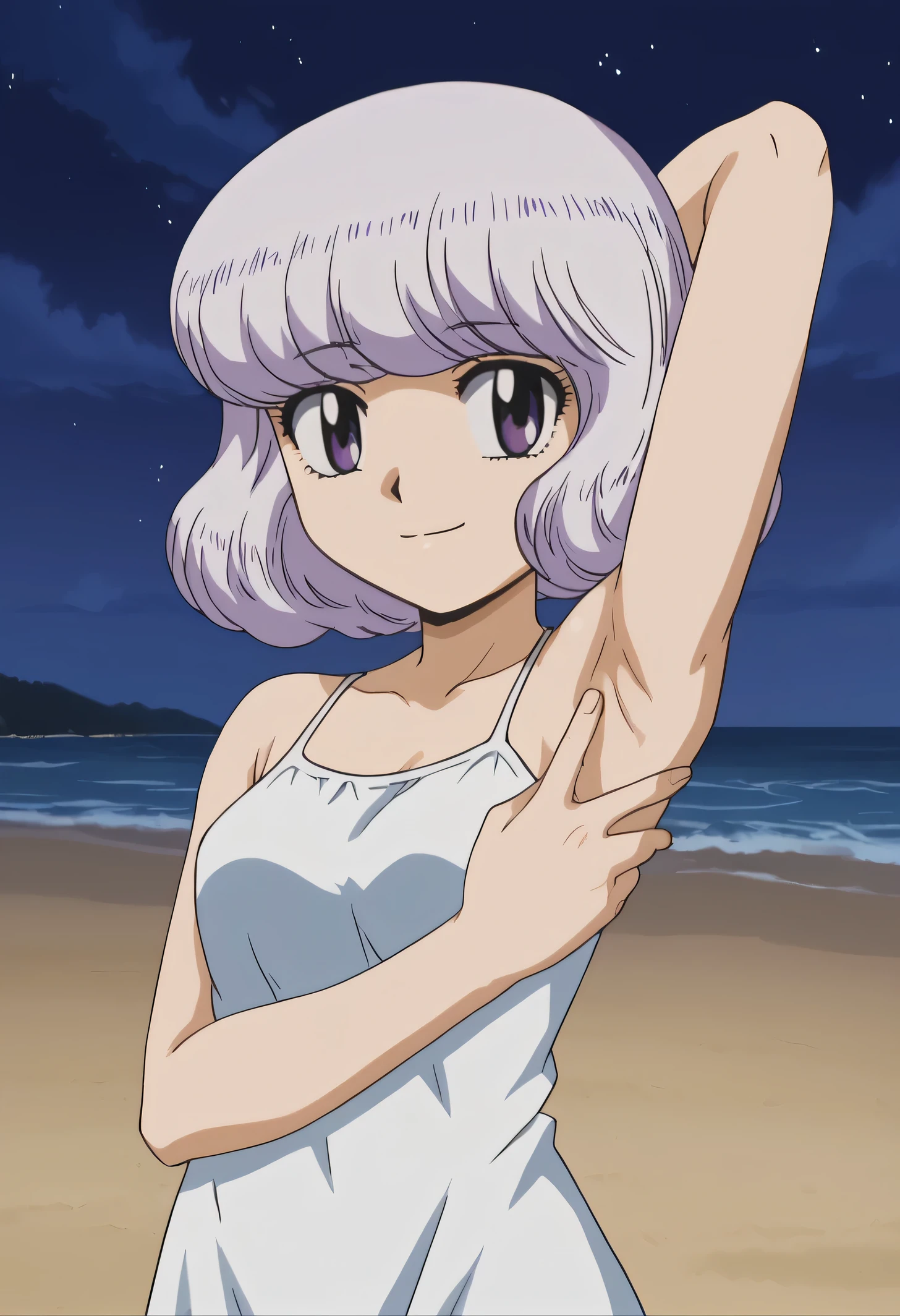 anime screencap, flat shadows BREAK shiho sannomiya, looking at viewer, closed mouth, solo, night sky, beach, arm behind head, contrapposto, spread armpits, looking at viewer, best quality, portrait, smile, (cowboy shot:1.5)