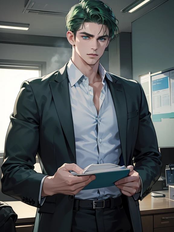 (best quality, masterpiece, 8K, photorealistic, cinematic lighting, hdr image, ultra detailed, beautiful image), 1 man, 31 years old, mature man, very handsome, (without expression, serious), short green hair, blue eyes ( penetrating gaze), imposing posture, businessman, office background