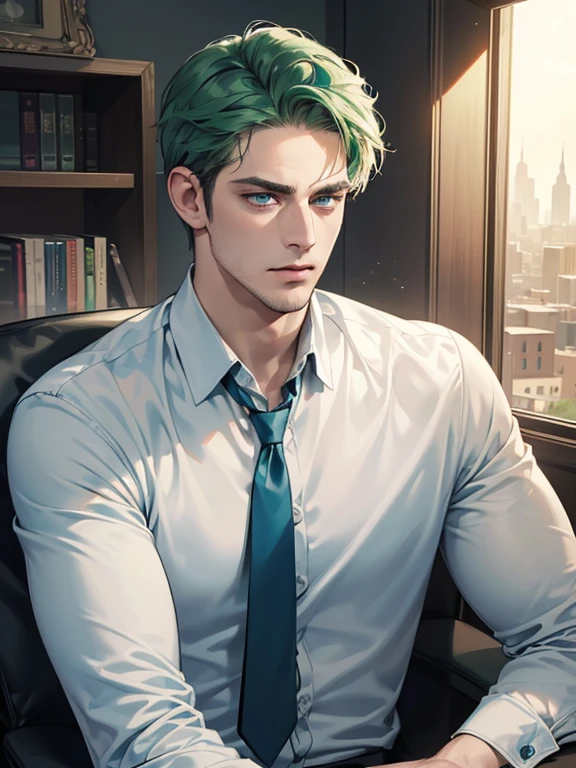 (best quality, masterpiece, 8K, photorealistic, cinematic lighting, hdr image, ultra detailed, beautiful image), 1 man, 31 years old, mature man, very handsome, (without expression, serious), short green hair, blue eyes ( penetrating gaze), imposing posture, businessman, office background
