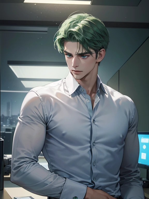(best quality, masterpiece, 8K, photorealistic, cinematic lighting, hdr image, ultra detailed, beautiful image), 1 man, 31 years old, mature man, very handsome, (without expression, serious), short green hair, blue eyes ( penetrating gaze), imposing posture, businessman, office background