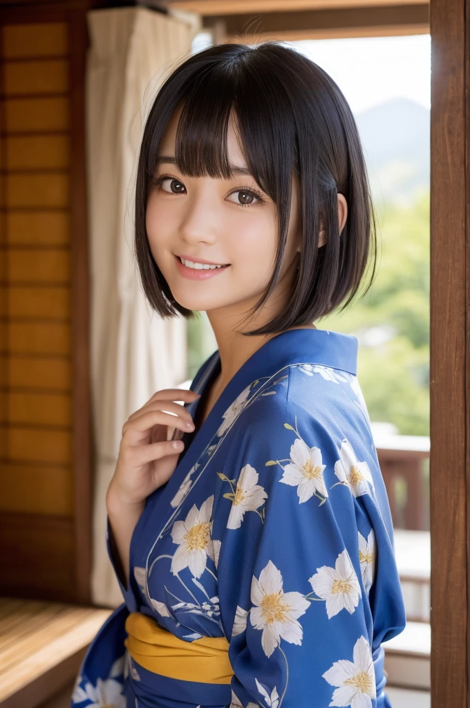 (High resolution:1.3), (16k, Photorealistic, Raw photo, Best image quality: 1.4), Japanese, (One Girl), Beautiful Face, (A vivid face), (Black-haired、short hair:1.3、bangs:1.2), Beautiful Hairstyles, Realistic eyes, Beautifully detailed eyes, (Realistic Skin), Beautiful skins, attractive, 超A high resolution, Surreal, High detail, Golden Ratio, Highly detailed cute girl,(20-year-old), Having a good time at a Japanese hot spring inn, Wearing a yukata