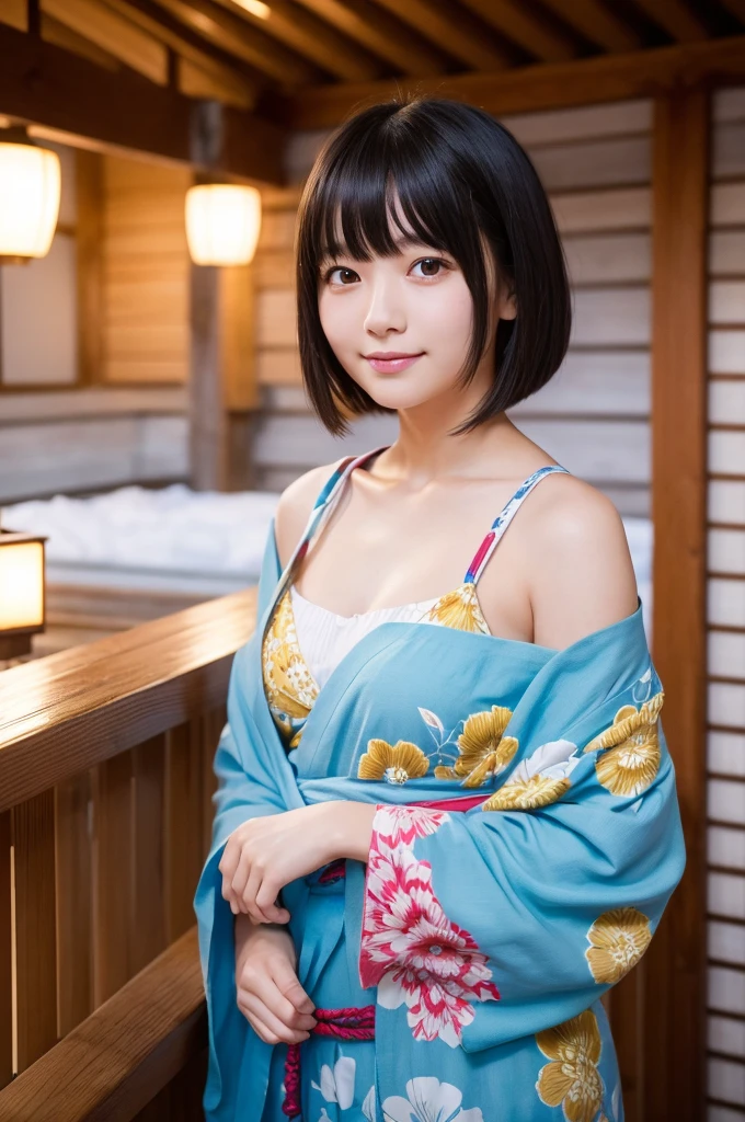 (High resolution:1.3), (16k, Photorealistic, Raw photo, Best image quality: 1.4), Japanese, (One Girl), Beautiful Face, (A vivid face), (Black-haired、short hair:1.3、bangs:1.2), Beautiful Hairstyles, Realistic eyes, Beautifully detailed eyes, (Realistic Skin), Beautiful skins, attractive, 超A high resolution, Surreal, High detail, Golden Ratio, Highly detailed cute girl,(20-year-old), Having a good time at a Japanese hot spring inn, Wearing a yukata