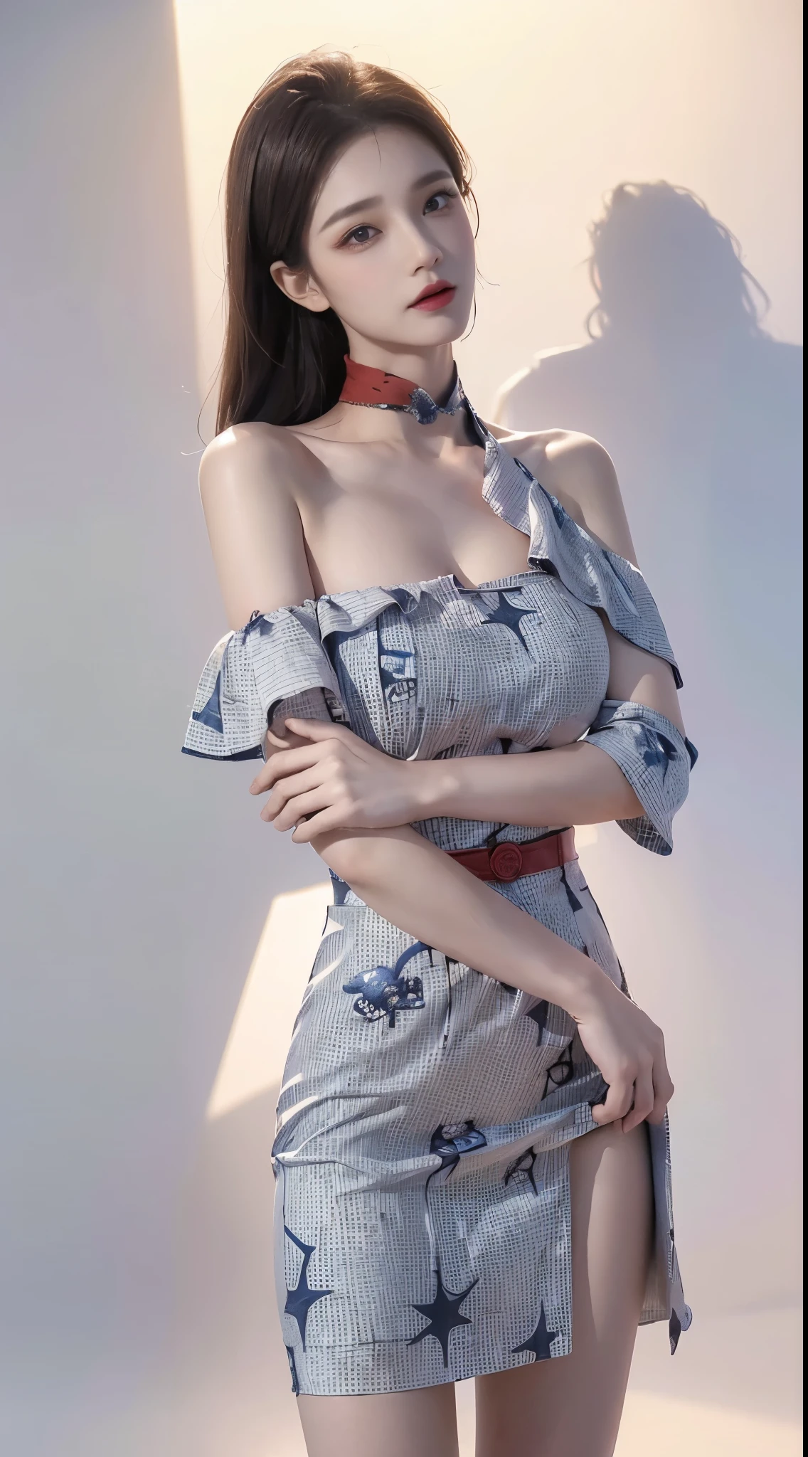 patterned shirt,EAuniform dress,EAuniform scarf, ((cowboy shot)), ((Bare shoulder)), ((Short hemlines, sexy long legs)), ((Elegant and charming posture, random view shots)), realistic detailed photo of a giant breasted girl with exposed shoulders, detailed fingers, high quality skin, red eyes, alone in a winter scene with clouds, wind, and flowing hair, (best quality,4k,8k,highres,masterpiece:1.2),ultra-detailed,(realistic,photorealistic,photo-realistic:1.37),studio lighting,vivid colors