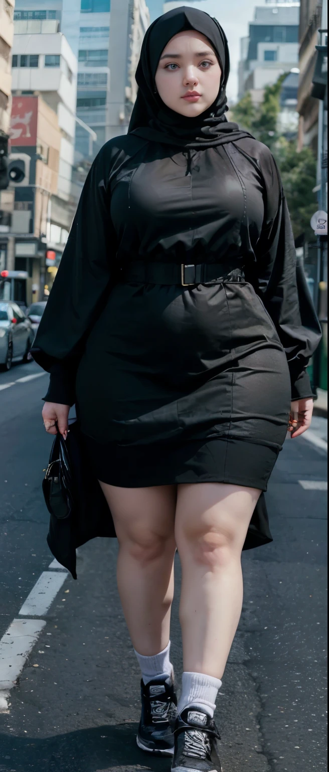Milky white skin woman in black dress and hijab walking down the street, , hijab outfit, , hijab fashion model, plus size, plus size woman, , woman in black robes, beautiful woman, thicc, black outfit,, bbwchan , white sneakers , Height 170 cm, beautiful woman, with a beautiful appearance, a very beautiful masterpiece, a masterpiece of art, good lighting, Bright colors, Clean lines
