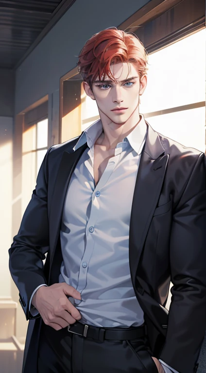 (best quality, masterpiece, 8K, photorealistic, cinematic lighting, 1:4 hdr image, ultra detailed, beautiful image), a mature man, 34 years very handsome, ((cold expression)), short red hair, blue eyes, face perfect without mistakes, ((buttoning his jacket, CEO))