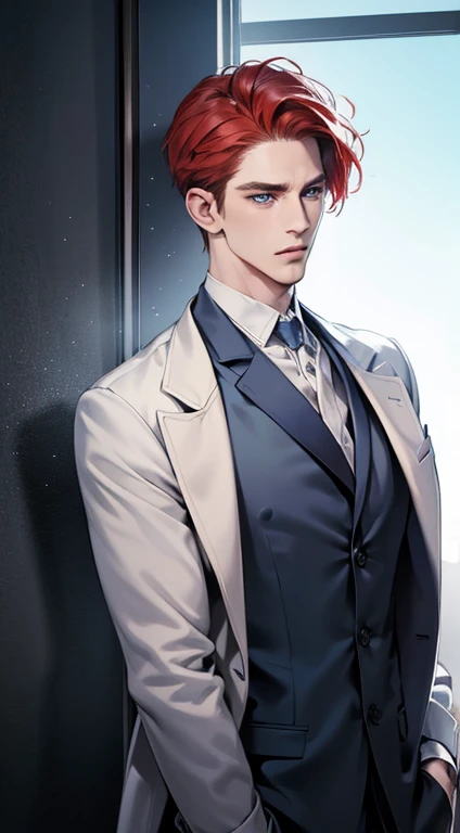 (best quality, masterpiece, 8K, photorealistic, cinematic lighting, 1:4 hdr image, ultra detailed, beautiful image), a mature man, 34 years very handsome, ((cold expression)), short red hair, blue eyes, face perfect without mistakes, ((buttoning his jacket, CEO))