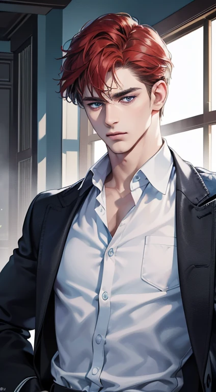 (best quality, masterpiece, 8K, photorealistic, cinematic lighting, 1:4 hdr image, ultra detailed, beautiful image), a mature man, 34 years very handsome, ((cold expression)), short red hair, blue eyes, face perfect without mistakes, ((buttoning his jacket, CEO))