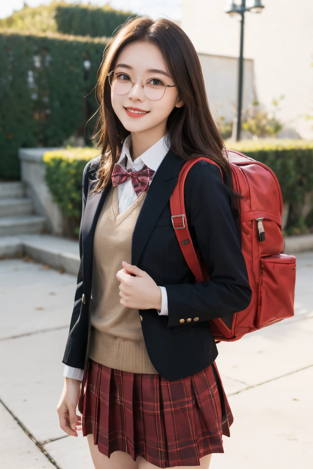 (masterpiece, best quality:1.0), highly detailed, detail, 1girl , highschool student, long hair, brown hair, UNiform, red bowtie, collared shirt, sweater vest, blazer, black blazer, opened jacket, long sleeves, plaid skirt, brown skirt, outdoor, smile, standing, cowboy shot, wearing red backpack, (red backpack:1.1), wearing glasses