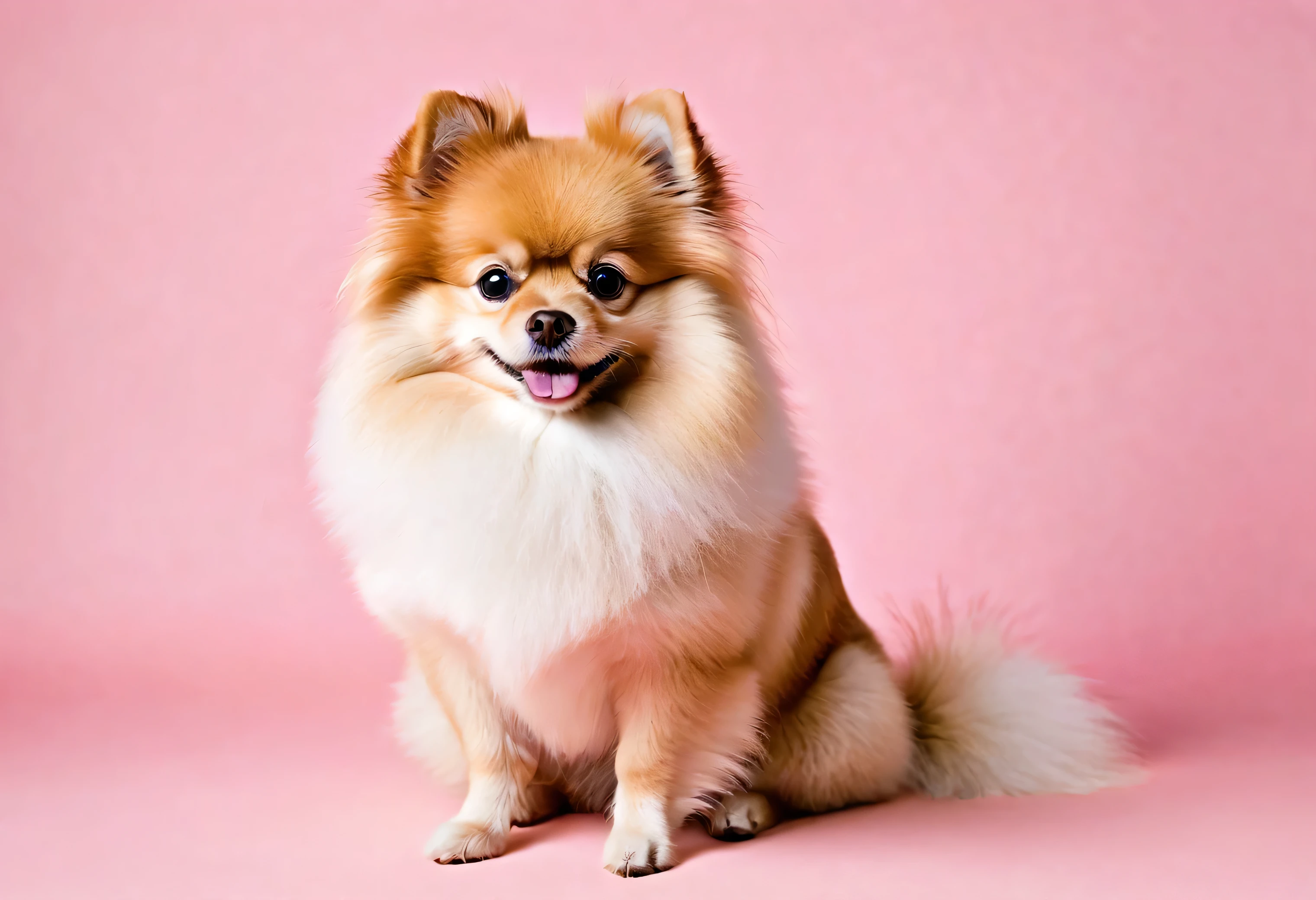 Pomeranian sitting on a solid pastel pink background with space above for text
