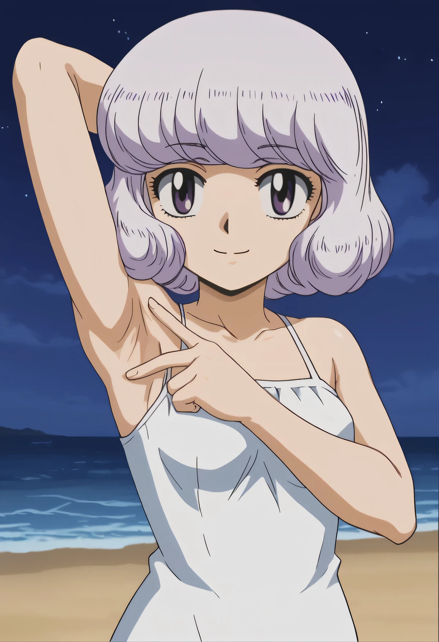 anime screencap, flat shadows BREAK shiho sannomiya, looking at viewer, closed mouth, solo, night sky, beach, arm behind head, contrapposto, spread armpits, looking at viewer, best quality, portrait, smile, (cowboy shot:1.5)