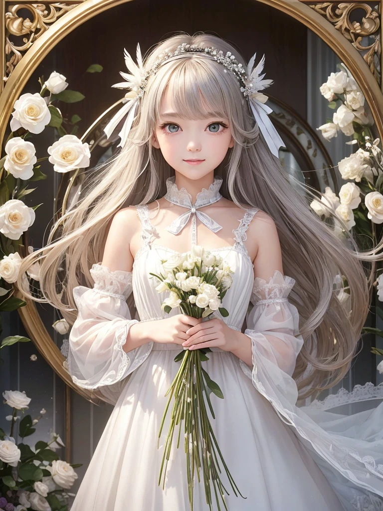 (masterpiece、highest quality、highest quality、Beautiful and beautiful:1.2)、(Excellent anatomy:1.5)、Focus on the eyes、Cute eyes、Soft Light、Milky-haired girl、Silver feather dress,Silver bow hair accessory、Adorable smile、thank you、Eyes on You、Diffuse reflection of light、light of the earth,Flowers of the Earth,Pearlライト,Pearl、Beautiful graphics,Super detailed
