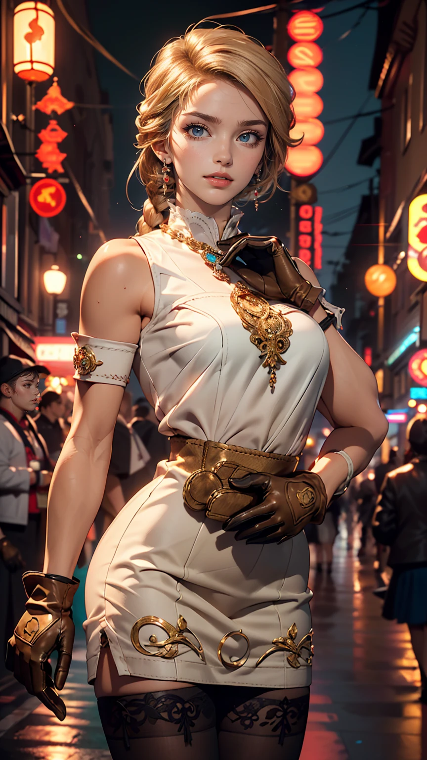 8k, masterpiece, RAW Photos, highest quality, detailed:1.2),Realistic, extremely detaileded CG unity 8k wallpaper, Lens flare, (Very beautiful face, Beautiful red lips, Beautiful Eyes), intricate detailed face, ((ultra detaileded skin)), One girl, In the Dark, Deep Shadow, pretty girl, (Slim, toned and muscular body:1.3), ((View Viewer)), (Big smile), (raced dress), (city night, (Neon Signs), (night), pantyhose, Clear Eyes, walk, Look forward, (((Big brown eyes))), ((Upper Body Shot)), dress, raced dress, Turn back, Buckshot, Very slim, Defamation, ((white braid hair over shoulder)), (((white: Money: skirt dress: gloves race)))))), 3D, Rich colors, (Black makeup:1.3), (race stockings with garters, cord trim, race), (Intricate detaileded multi-layer bodysiut lacy race-upp), neckrace, bracelet